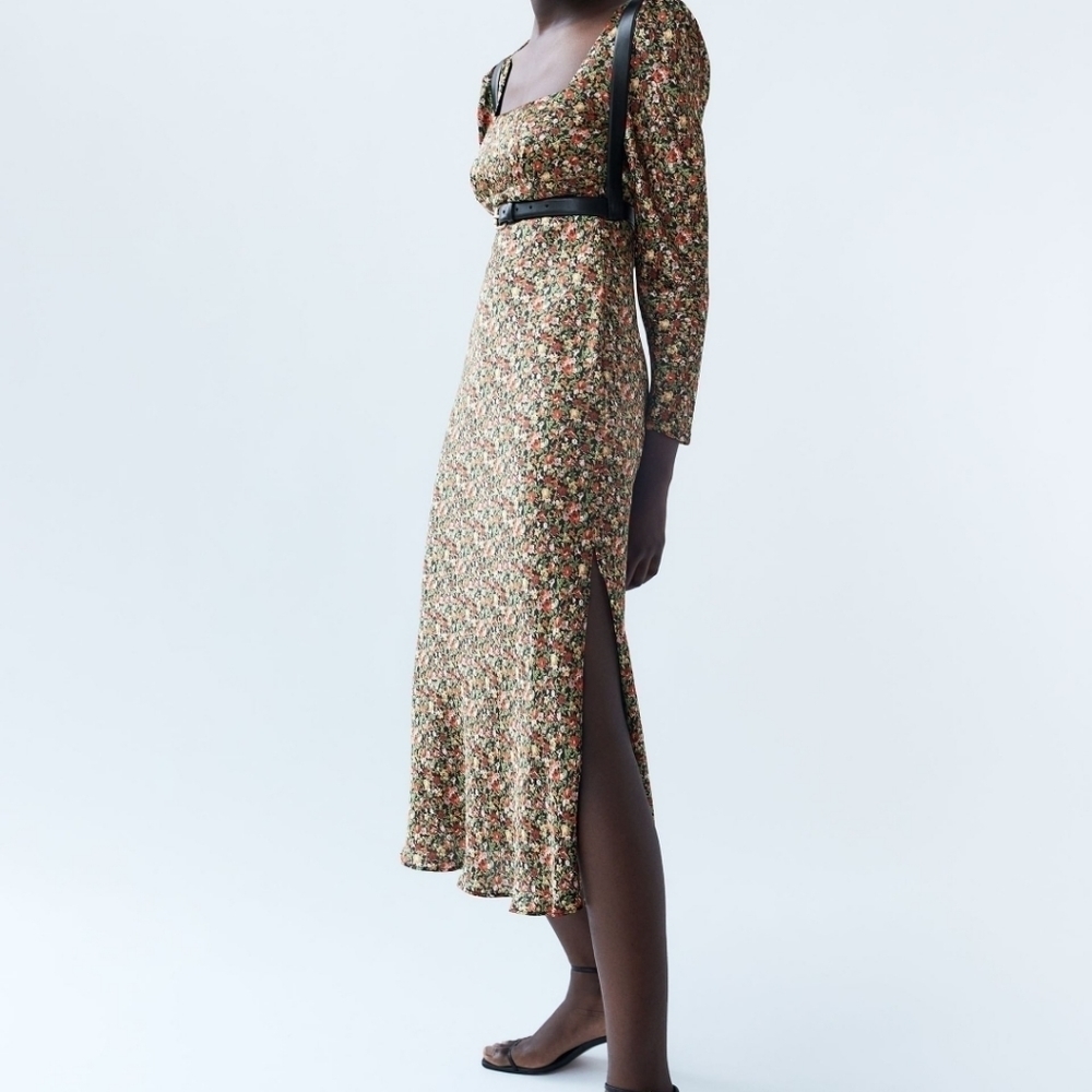 NWT ZARA floral Print Midi Dress puff sleeve bustier with slit S